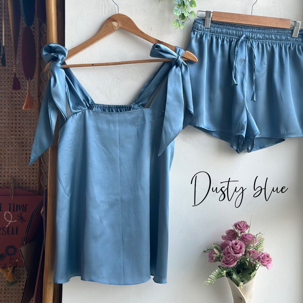 Dusty Blue Satin Top and Shorts Set Pajamas